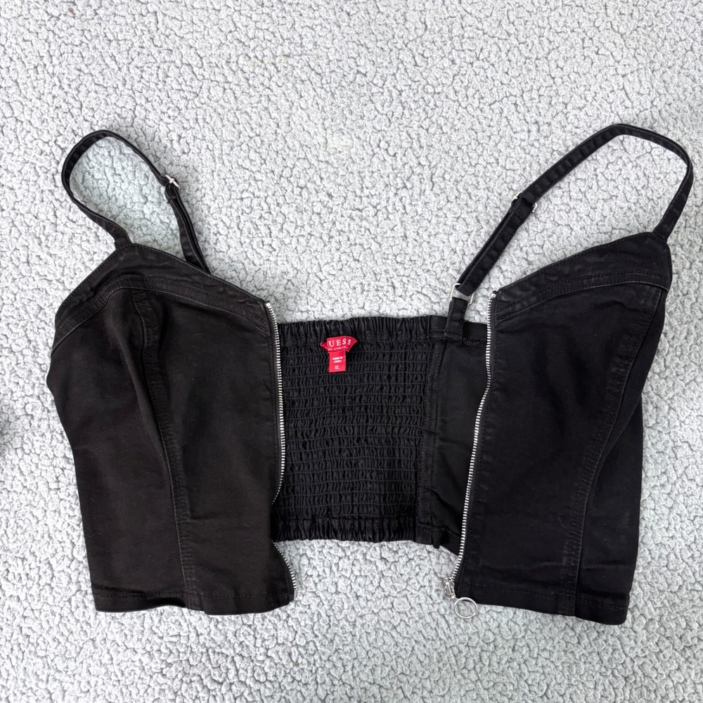 Guess Crop Top Bustier XL Black Cami Denim Zip Front Smocked Back Minimalist - Picture 4 of 9